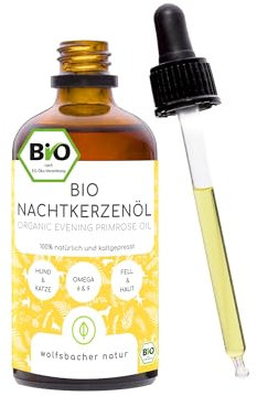 Bio Nachtkerzenöl für Hunde und Katzen, 100ml kaltgepresstes Fellöl 100% Bio aus Deutschland - reich an Omega 3 & 6, Barf Öl, DE-ÖKO-060