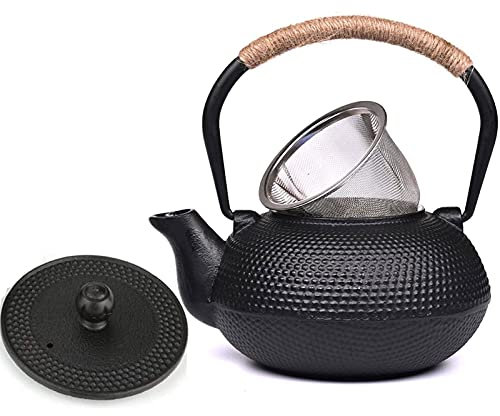 Theiere Japonaise en Fonte avec Infuseur pour Cuisinière à Induction, Cuisinière à Gaz, Petit Service à Thé Domestique, Noir (Capacité : 600ML)