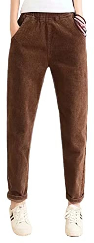 Himifashion Pantaloni da donna per tempo libero autunno inverno in corduroy con vita elastica, marrone, XL