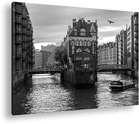 deyoli Hamburg Speicherstadt Kanal Format: 80x60 Effekt: Schwarz&Weiß als Leinwandbild, Motiv fertig gerahmt auf Echtholzrahmen, Hochwertiger Digitaldruck, Kein Poster oder Plakat