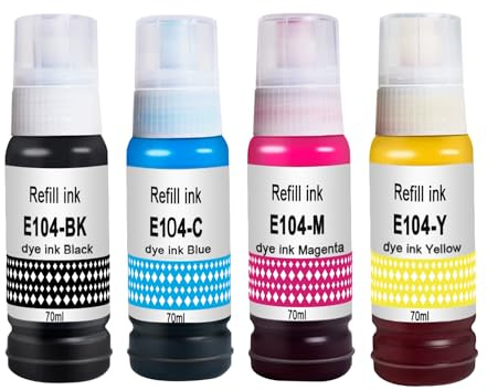 Molabel Lot de 4 Flacons Encre 104 Compatibles Avec Epson EcoTank ET-2810 | Noir Cyan Jaune Magenta pour Epson ET-2820 ET-2870 ET-2814 ET-2815 ET-2830 ET-2840 ET-2862 ET-2876 ET-4800 ET-4810