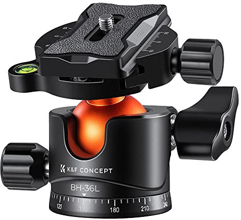 K&F Concept 36mm Tripod Ball Head 360° Panoramic, Low Profile Ball Head with 1/4 Screw 3/8 Thread Mount and QR Plate, Bubble Level for Camera, Tripod, Monopod, binocular, Load Capacity up to 16KG