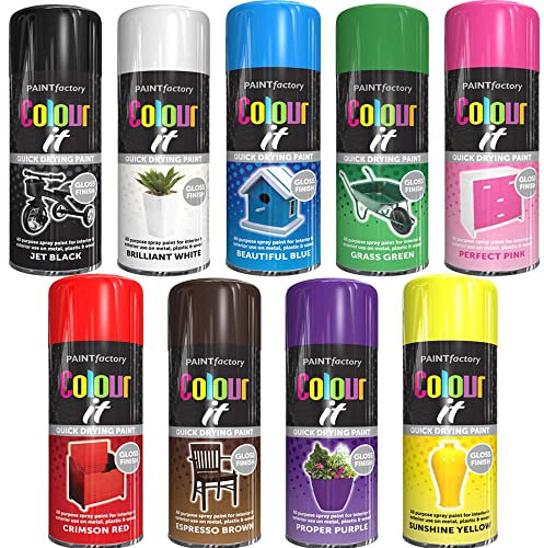 Classic Signature - 9 Can Mix Color Gloss Finish All Purpose spray paint 400ml Multipurpose AerosoL, Quick and Fast Drying and Excellent Coverage for Metal, Wood, Plastic and More - D13