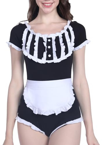 Landofgenie Combinaison en Coton pour Femme Hauts Serrés + Tablier Costume de Femme de Chambre Noir XL