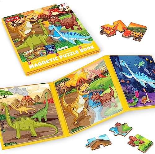 SYNARRY Kinderpuzzle Dinosaurier Magnet Puzzle ab 3 4 5 Jahre, 20 Teile Magnetische Puzzle Für Reisen Kinder, Reisespiele Kinder Lernspielzeug für Kinde - Lernmagnet-Geschenk für den Roadtrip Flugzeug