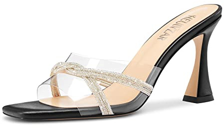 HEUIVZAR Mujer Medio Gatito Heel Abierta Cuadrada Punta Mules Zapatos Slip-on Diamante Cristal Baile Clear Verano Zapatos