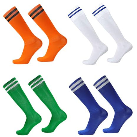 SKHAOVS 4 Paar Kinder Kniehohe Fußball Socken, Fußballsocken, Sportsocken Trainingssocken Rugby Basketball Socken, Atmungsaktive Elastische für 5–12 Jahren, Jungen und Mädchen, 4 Farben (4 Paar)