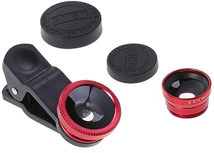 3 in 1 Handykameraobjektiv Fisheye Makro Weitwinkel mit Clip | Aluminiumlegierung und Glas, Rot, für Tablette und Mobiltelefon, Wasserfest, Ölbeständig, Leicht Montierbar