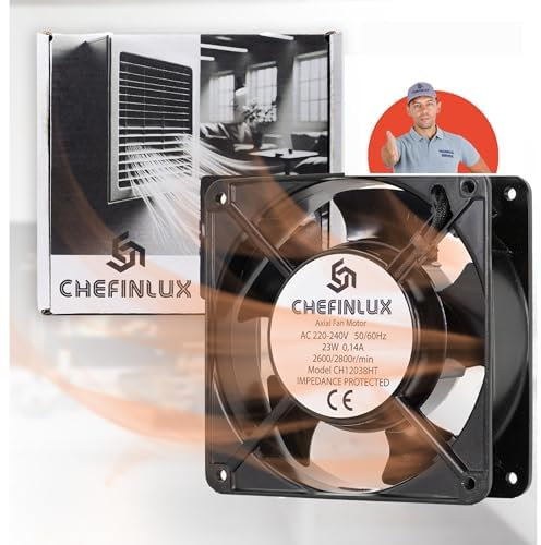 CHEFINLUX Ventilatore assiale Camino | 120x120x38mm | Estrattore da bagno | Estrattore da cucina | Ventilatore Stufa | Alta temperatura | Aspa metallica | Ventilatore Pellets