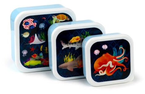 Puckator - Set di 3 Contenitori per Alimenti Porta Pranzo e Merenda M/L/XL - Animali Marini - Marine Kingdom