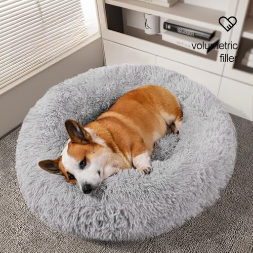 Xshelley Beruhigendes Hunde- und Katzenbett, Anti-Angst, Donut-Kuschelbett, wärmend, gemütlich, weich, rundes Bett, flauschiges Kunstfell-Plüschkissen, das Haustierbett ist maschinenwaschbar (60 cm)