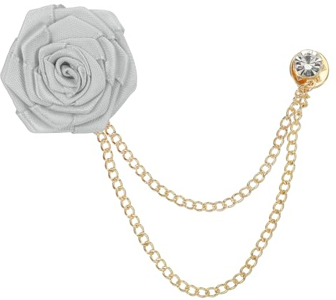 QUARKZMAN Bräutigam Broschen Rosenblume Größe 1,57 Zoll Zoll Silber-Grau | 1 Stück, Stofflegierung Reversnadel, mit Quastenkette/Anzugsknopf, für Hochzeitsmänneranzug Accessoires