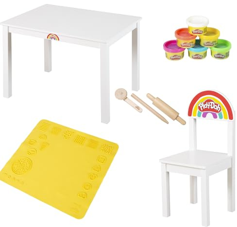 roba x Play-Doh sittgruppsset - Barnbord + barnstol - FSC-certifierat spelset med 6 modellera burkar, 3 träverktyg & stor 3D-kreativmatta - Ideal present från 3 år