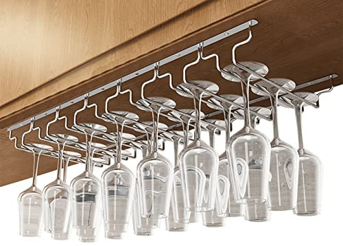 Soporte para copas de vino para colgar debajo del armario para el hogar, bar, sótano, 7 filas de 28 cm de ancho