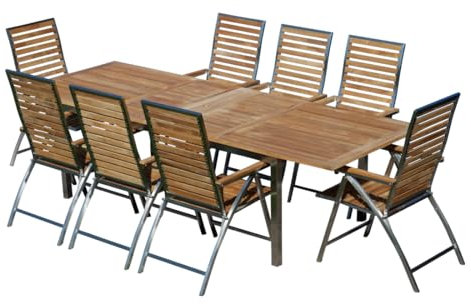 ALEOS. Gartengarnitur Edelstahl & A-Grade Teak: Ausziehtisch 200-240-280 cm x 100cm (LxB) + 8 Teak-Edelstahl Hochlehner Stühle klappbar, Sitzgruppe Gartenmöbel Set 8 Personen Gastronomie Qualität