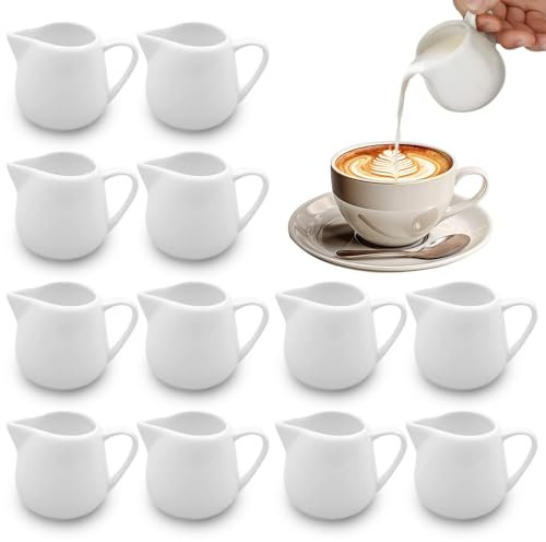 Afenau 12 PCS Small Milk Jugs, 110ML White Milk Jug Small with Handle, White Ceramic Mini Milk Jug, Sauce Pots, Sugar Pot, Sauce Jug, Gravy Jug Mini Fingerprint Creamer Pitcher for Milk Coffee Sauces
