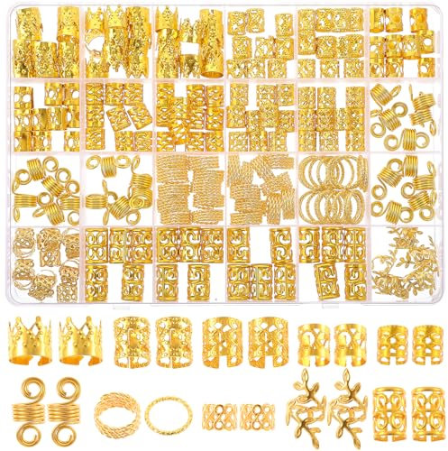 220 Stück Dreadlocks Haarschmuck, Gold Haarschmuck Ringe Metall-Haarperlen Verstellbarer Metall Braids Zubehör für Frauen Mädchen Haarzopf-Dekoration
