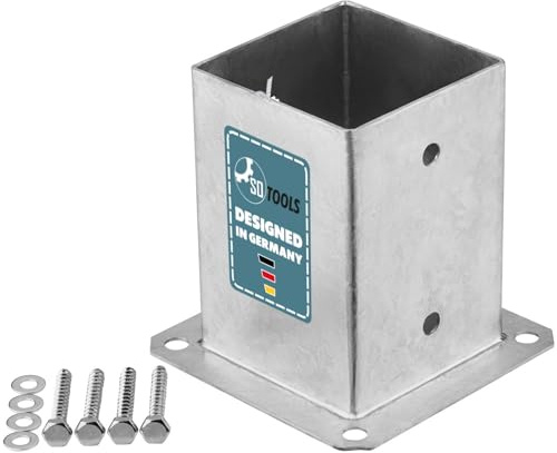 SOTOOLS Bodenhülse für 100 x 100 mm Vierkantpfosten feuerverzinkt Pfosten Bodenhülse Zaunträger Hülse Bodenplatte Pfostenträger aufschrauben Anker