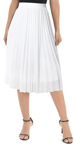 Genfien Falda Plisada de Señora de Gasa Cintura Elástica Midi Liso | Cintura Alta,,Línea A,Elegantes,Falda de Verano,Casual