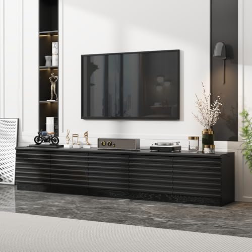 Caldion TV Lowboard Fernsehtisch 200 cm, Moderner Fernseher Schrank mit 2 Türen und 3 Schubladen, TV Board Schwarz mit Wellenfront, TV Möbel aus MDF-Platten, Fernsehbank für Wohnzimmer,200x33x40cm