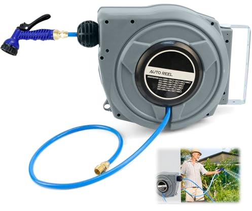 Dévidoir Tuyau d’Arrosage Extensible 20 M, Dérouleur-Enrouleur Tuyau d’Arrosage Mural, Rotatif à 180°, Embout d’Arrosage 6 Modes de Pulvérisation Réglables, pour Pelouse et Jardin, Lavage de Voiture