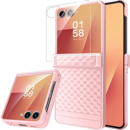 Miimall for Samsung Galaxy Z Flip 7 Case with Hinge Protection & Built-in Outer Screen Protector, Non-Slip Diamond-Pattern Shockproof Rugged Full Coverage Flip 7 Protective Cover for Women Girls-Pink