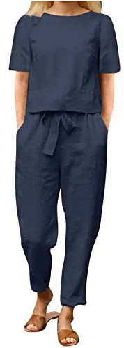 Two Piece Outfits Women Summer Tracksuits Linen Lounge Wear Sets Ladies Co Ords Round Neck Short Sleeve Tops and Trousers 2 Piece Jogger Outfit Casual Suit Vacation Travel Outfits Holiday Clothes