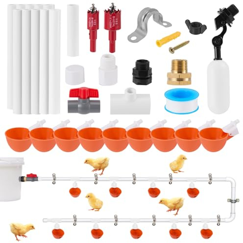 Automatische Hühnertränke mit 9 Tränkebecken und Schwimmerventil für Leckageschutz,Wassersystem für Hühnerstall, Geflügelhaltung, Enten und Kaninchen,Inklusive Wassertränke Hühner und Montagezubehör