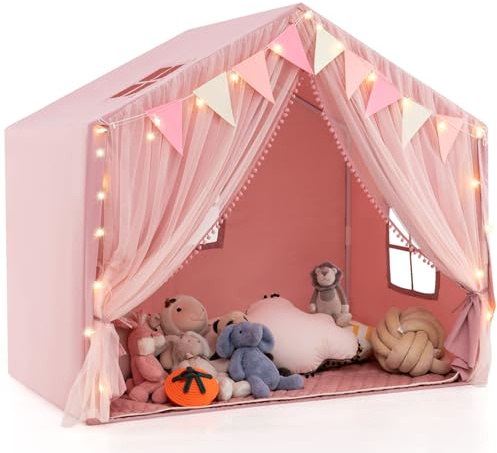 GYMAX Kids Play Tent, Indoor Large Play House with Padded Mat, Door Curtains, Windows, Star Lights & Flags, Toddler Fairy Castle Tent for Girls Boys Gift (Pink)