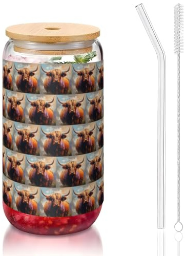 Highland Cow Printing - Vaso de vidrio con tapas y pajita, 16 onzas, ideal para whisky, cerveza, té