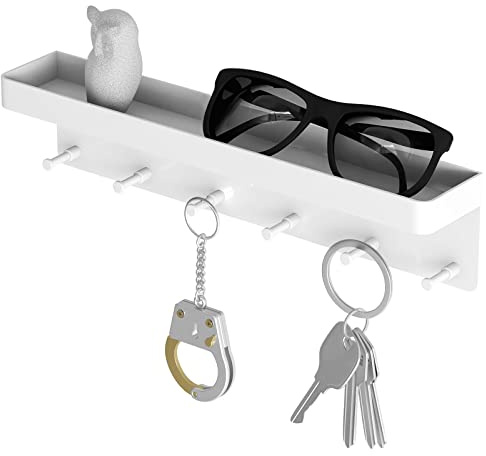 Flearitzo Schlüsselbrett - Schlüsselhalter - Schlüsselboard – Mit Ablage und 6 Haken modernes Schwarzes Schlüsselregal für Wandmontage ohne Bohren ideal für Eingangsbereich Flur Küche (Weiß)