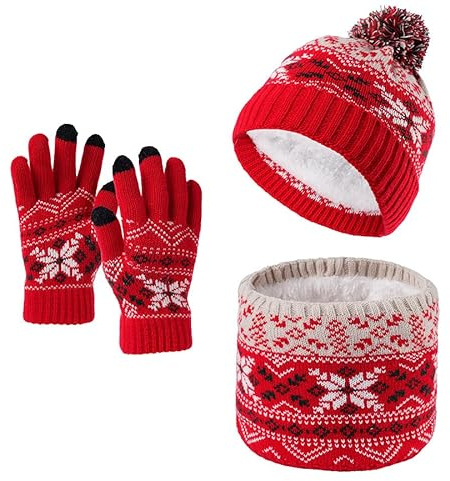 IPENNY Set of 3 Children's Knitted Hat Scarf Gloves with Plush Lining Thermal Winter Pom Beanie Cap Snood Neck Warmer Magic Strecthy Gloves Accessories Sets for Boys Girls 3-10 Yrs (Red)
