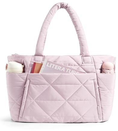 bagsmart Tote Bag for Women, Puffy Tote Bag with Zipper, Large Quilted Shoulder Bag with Compartments for Travel, Work, Gym
