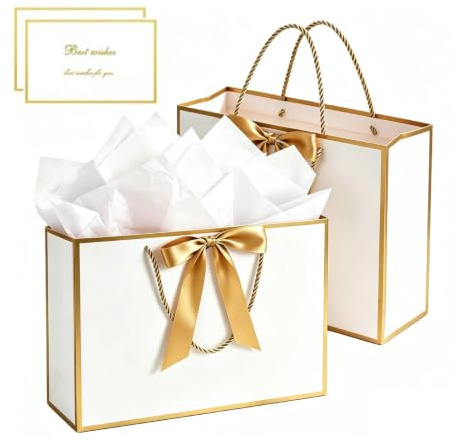 MtnLaur Presentpåsar 2 BITAR, Presentpåsars med Handtag Bandrosett, Set Med Medium Presentpåsar med Silkpapper Hälsningskort, för Flickor Kvinnor Födelsedag Bröllop (guld)