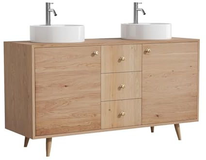 Vente-unique-Mobile bagno in rovere massello con lavabo da appoggio rotondo e rubinetto le chiaro 145 cm - ZARENO