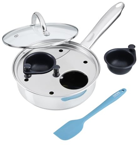 Cooks Professional 2 Cup Stainless Steel Egg Poacher Pan with Spatula, Glass Lid, Non-Stick Coating & Stay Cool Handles | Versatile Egg Poaching or Sauté Cooking Pot | All Hobs Compatible & Oven Safe