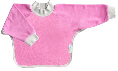 Kiddologic Bibit-all Baby Feeding Bib, Long Sleeves with Ribbed Cuffs and High Collar, Stretchy Pullover Smock, Soft Absorbent Terry, Waterproof Lining, Infant Girl 6-12 Months, Wild Orchid (Pink)