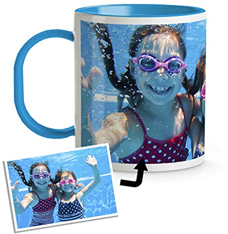 Personalisierte Plastiktasse. Kinderbecher mit Foto. Personalisierte BPA- und Bisphenol-A-freie Tasse. INNENSEITE UND HENKEL BLAU