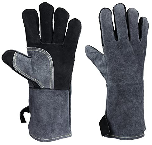 OZERO Guanti in pelle per barbecue, resistenti al calore e ignifughi, guanti da saldatura, guanti da camino, guanti da griglia, guanti da barbecue