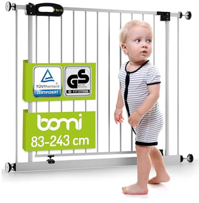 BOMI TÜV GS Siegel Kindertreppen Gitter Merle | Zum Klemmen | Schließt automatisch | Baby Gitter Weiss mit Automatik-Tür | Kindertreppenschutzgitter Treppenschutzgitter Klemmen | Breite: 93-101 cm