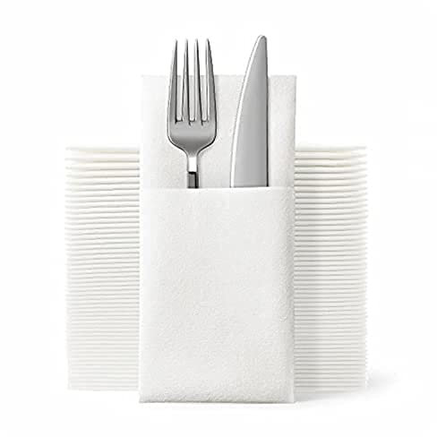 JEBBLAS Disposable Cloth Like Napkins Built-in Flatware Pocket,Wedding Party Linen Feel White Napkin, Prefolded for Silverware,100 Count