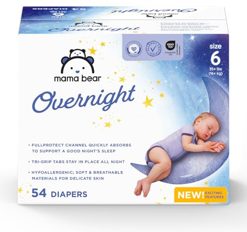 Amazon Brand - Mama Bear Overnight Baby Diapers with Leak Protection and Skin Protection, Fragrance-Free, Size 6, Hypoallergenic, Chlorine Free, Dermatologist Tested, 54 Count
