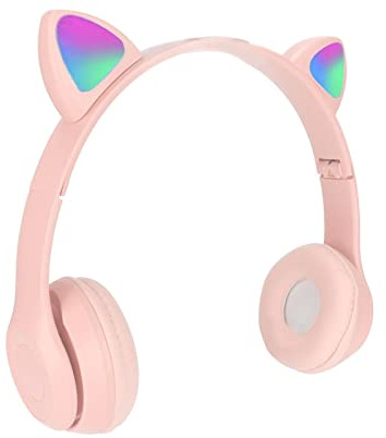 Jectse Oreillette Bluetooth, Mignon Chat Oreille Casque Enfants Casque Pliable sur L'oreille Casque avec Lumière LED pour Enfants Adultes Filles Garçons(Rose)