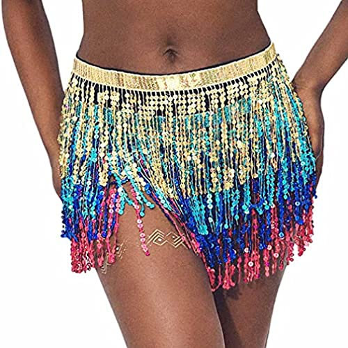 Bauchtanz Quaste Fransenrock Sexy Pailletten Rock Outfit Rave Rock Hüfttuch Kostüme Hip Glitzer Rock Franse Rock Glitzer Rock Karneval Kostüm (Einheitsgröße,Bunt)