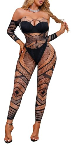 Buitifo Womens Fishnet Bodystocking Plus Size Crotchless Bodysuit Sexy Tights Soft Nightwear Lingerie (Black DZJ,M)