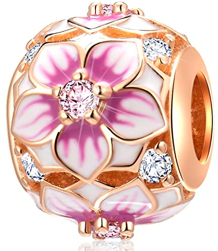 Oro rosa flores de magnolia charms apto pulsera Pandora de San Valentin, plata esterlina 925 de cuentas de magnolia flor pálida Cerise Esmalte cz, regalos para la hija/hermana/dia de la madre