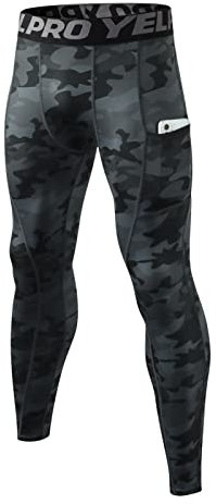 Legging Sport Homme Séchage Rapide Pantalon de Compression, Baselayer Collant Running avec Poches pour Course Jogging Cyclisme Noir Camouflage L