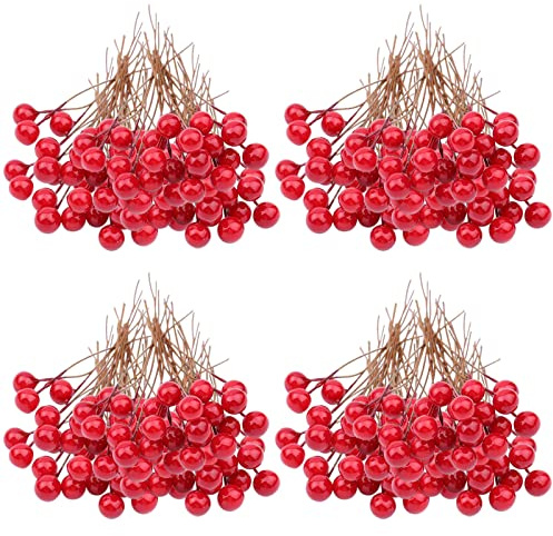 VEGCOO Bayas Rojas Artificiales, 210 Piezas 10 mm Bayas Artificiales con Varilla de Alambre para decoración Navidad, Abeto, Corona de Navidad, decoración para Caja de Regalo, Manualidades