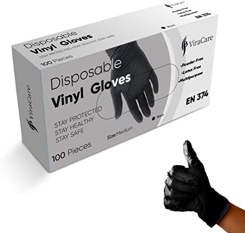 100 x Black Disposable Gloves | Vinyl Gloves Disposable | Latex free Gloves | Powder Free Gloves | Black Gloves Disposable | Strong And Non-Sterile | (Medium, 1 Pack of 100)