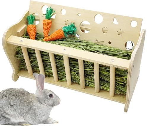 Hamiledyi Wooden Small Animal Hay Feeder - Rabbit, Guinea Pig, Chinchilla Cage Accessory, Hay Saver Rack & Dispenser for Small Pets